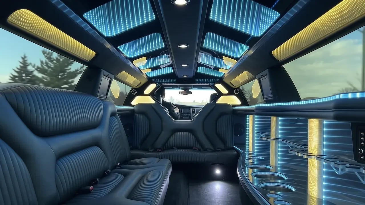 Inside the Dodge Charger limo in Fort Collins: LED light-show ceiling, leather lounge seating and lit bar