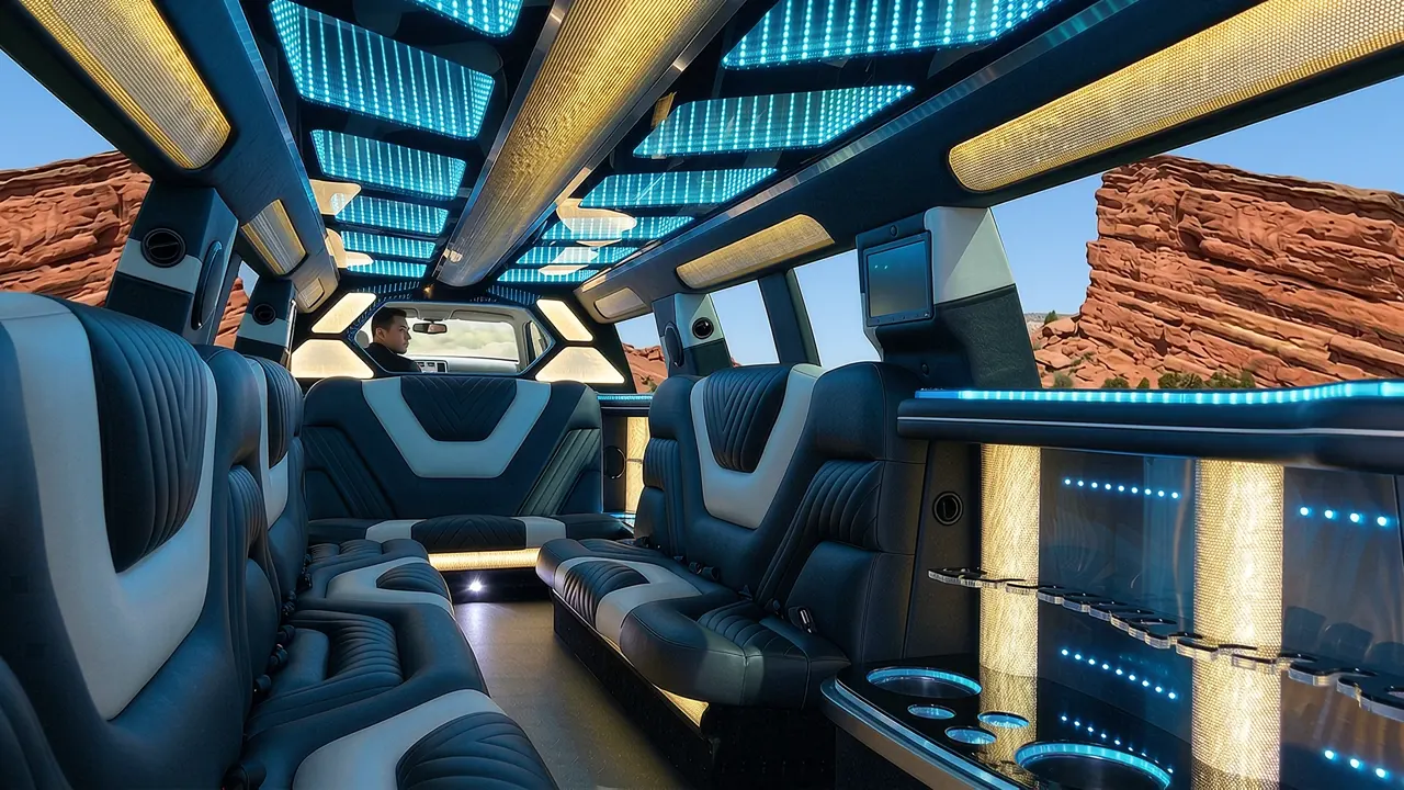 Inside the Mercedes GLS limo in Fort Collins: LED light-show ceiling, leather lounge seating and lit bar